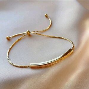 Gold Plated Stainless Steel Curved Tube Charm Bracelet With Pull Cord, Adjustabl